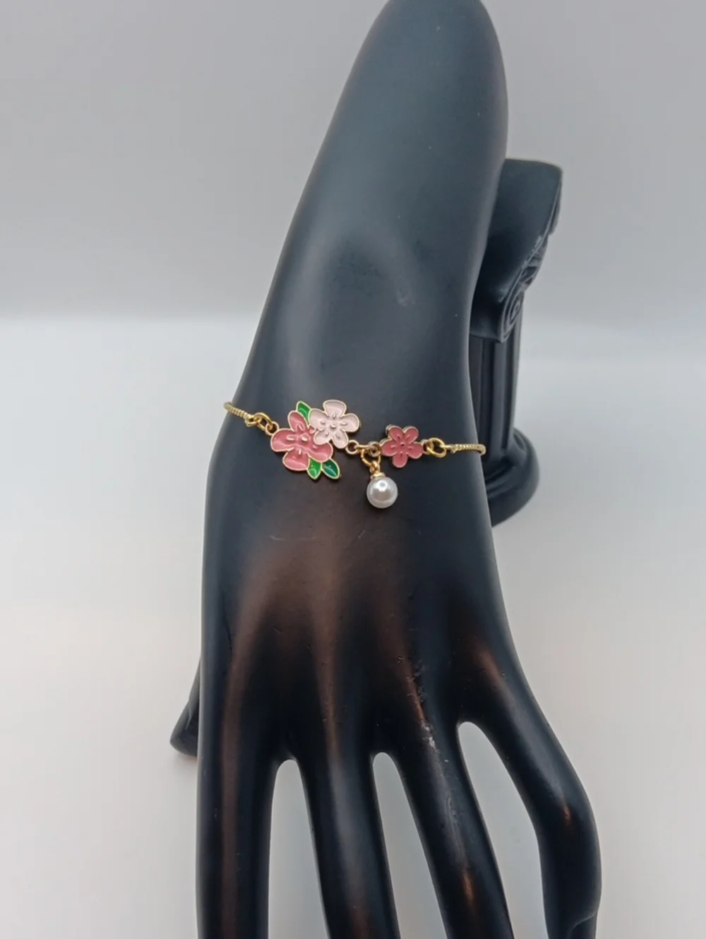Handmade Gold Floral Pearl Drop Necklace & Earring Set - Pink and Green